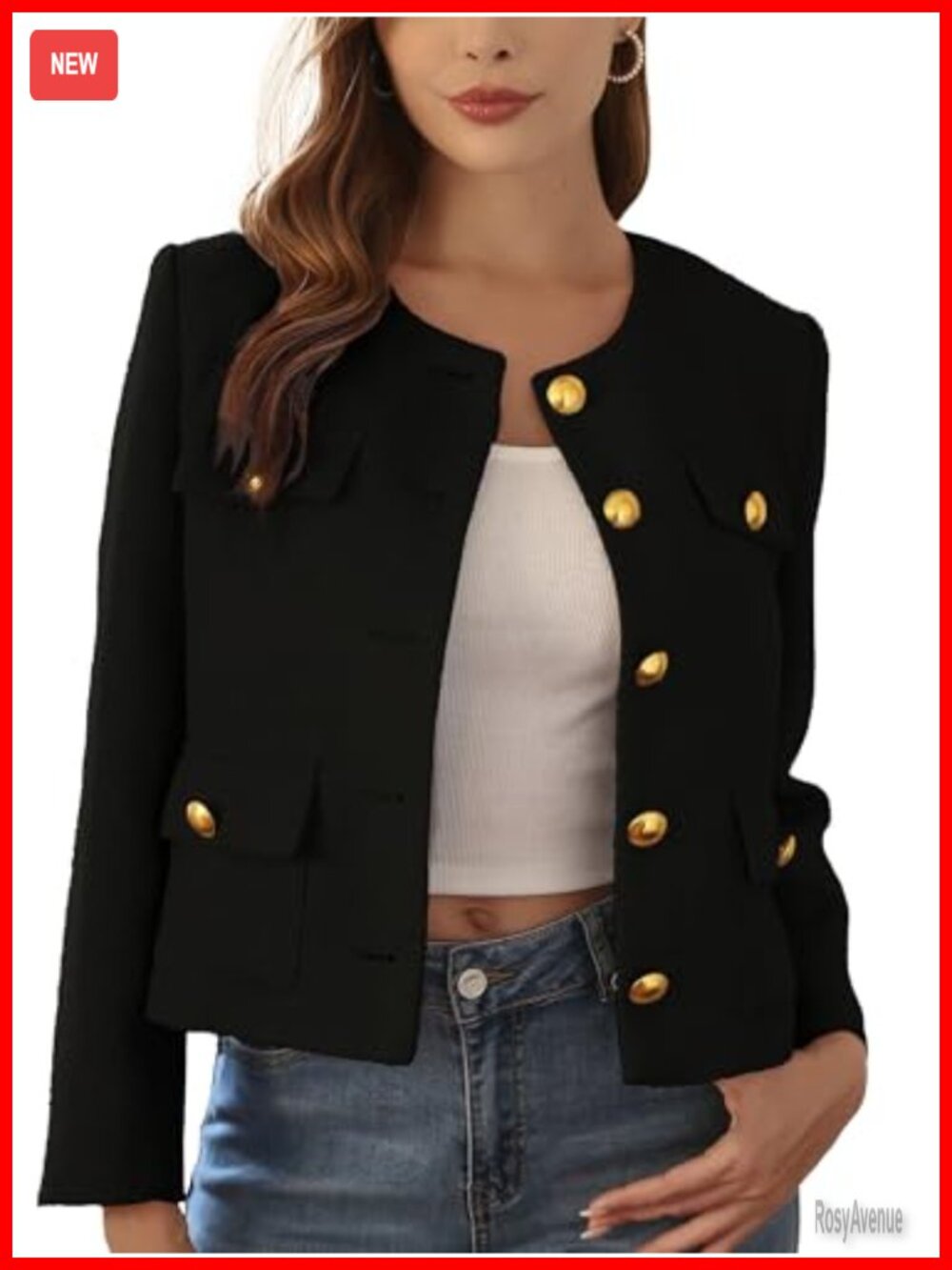 Cropped Tweed Blazer Collarless Gold-Tone Button Business Casual